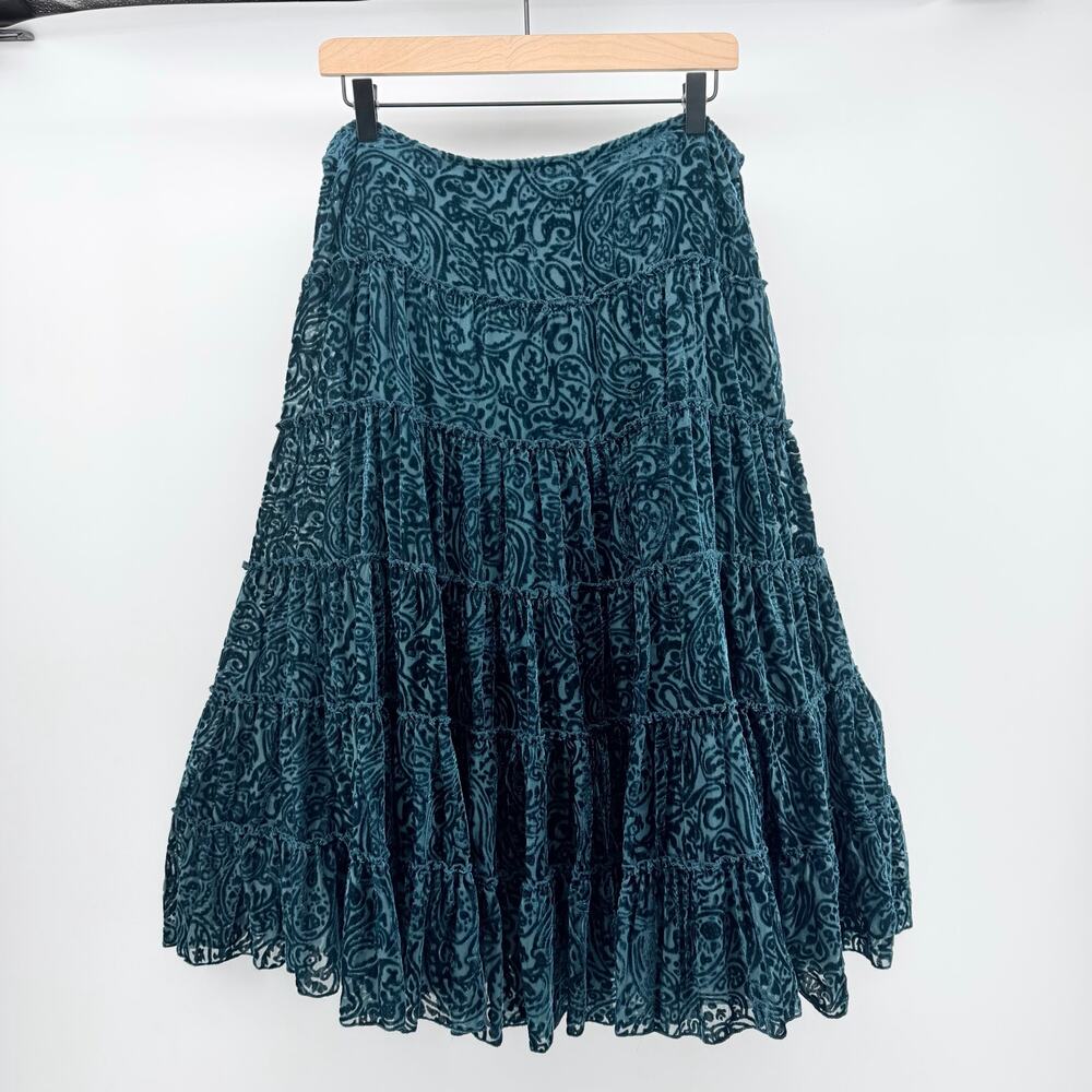 Velvet Devore Burnout Paisley Tiered Midi Skirt Teal Green Boho Whimsygoth Sz L